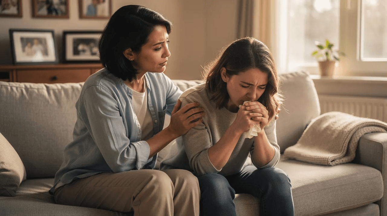 An adult is sitting beside a distressed family member on a couch, offering support and comfort during a moment of emotional distress. This scene highlights the importance of seeking mental health services and the role family members play in encouraging loved ones to access treatment options and cope with mental health conditions.