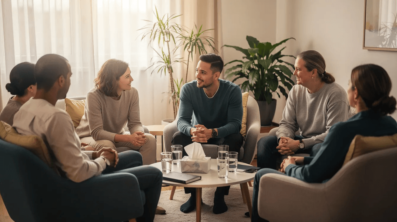 A small group of young adults sits in a circle, engaged in a supportive discussion about mental health, sharing their experiences and coping strategies. This gathering emphasizes the importance of mental health awareness and the value of community support in promoting well-being and recovery.