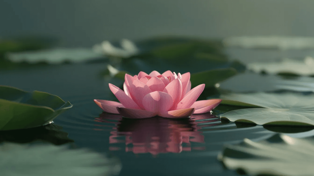 A single pink lotus flower blooms gracefully on the surface of calm water, surrounded by green lily pads, symbolizing personal growth and the journey of recovery from addiction. This serene image offers a powerful reminder of hope and inner peace amidst mental health challenges.