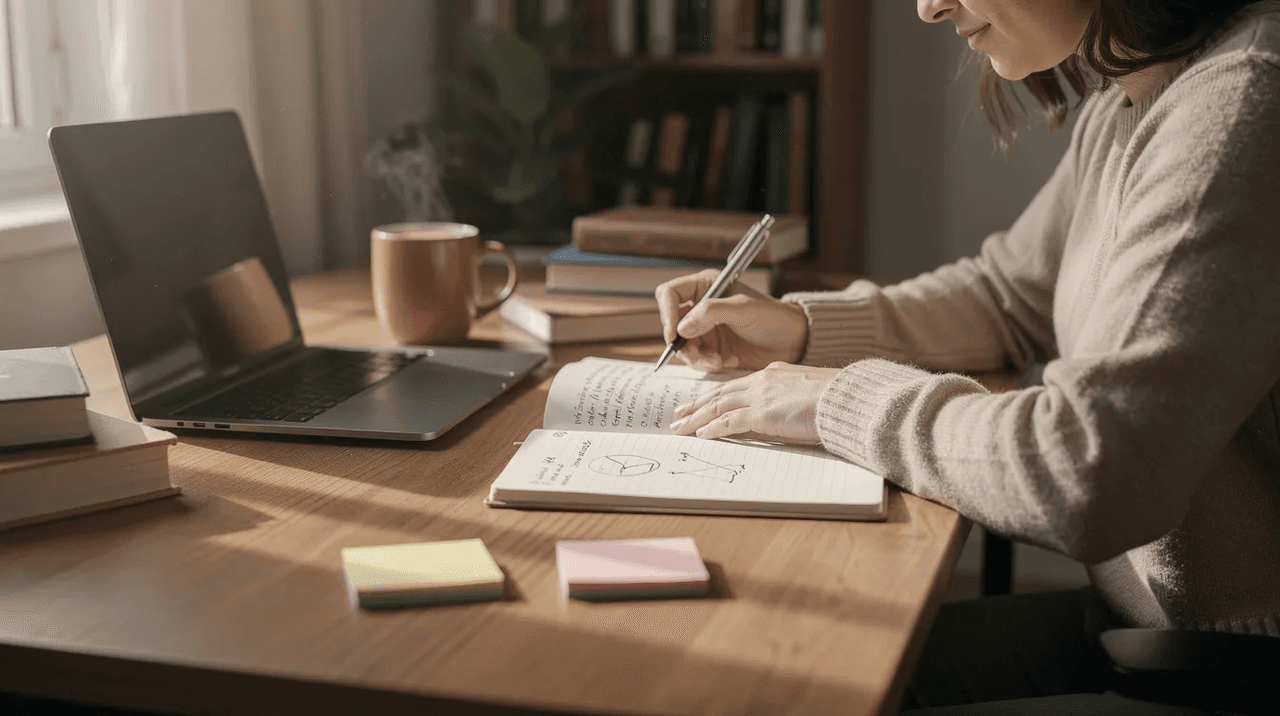 A person sits at a desk, writing thoughtfully in a journal, reflecting on their thoughts and emotions in a supportive environment. This scene captures the essence of personal growth and self-awareness often explored in therapy groups, such as cognitive behavioral group therapy or interpersonal process groups.
