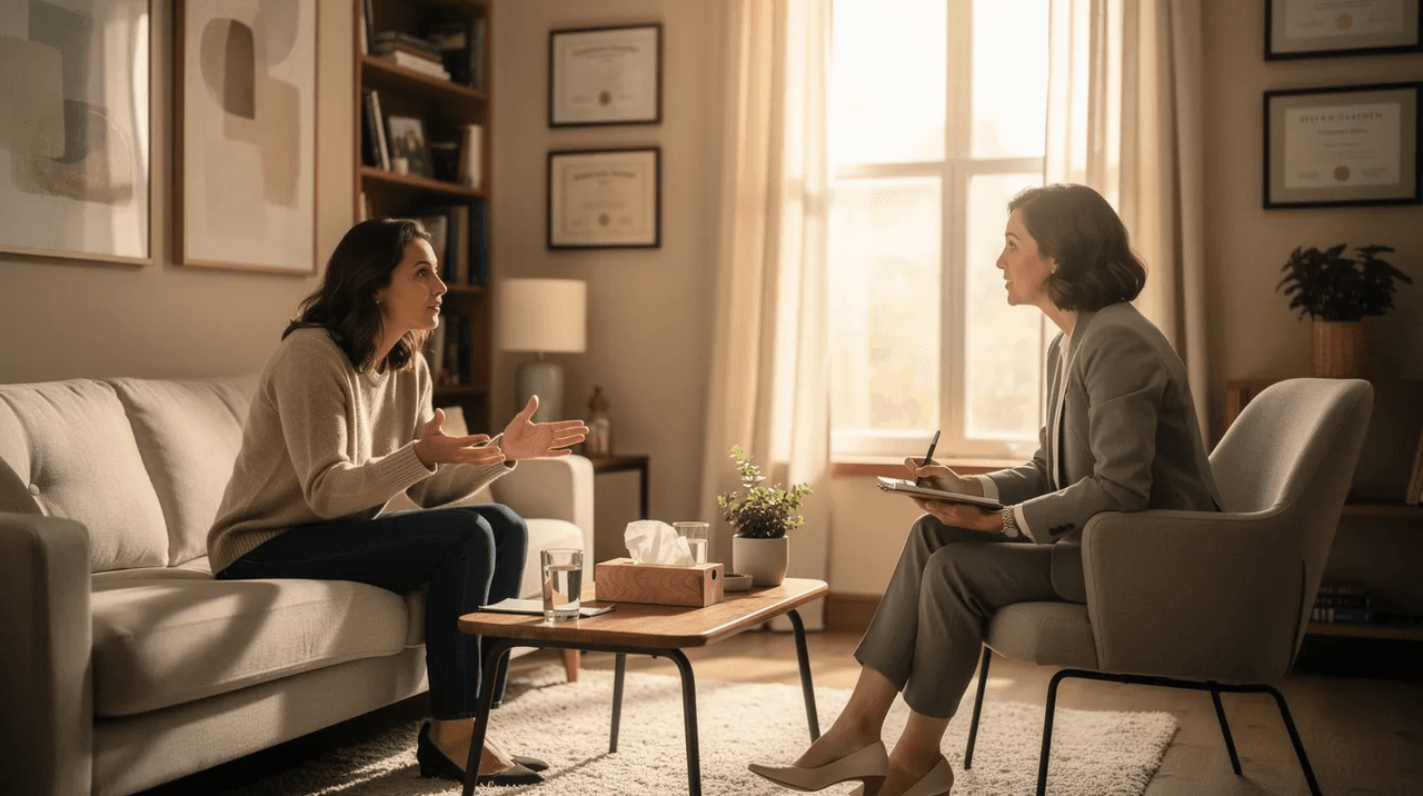 A therapist and a patient are engaged in a conversation in a cozy office setting, focusing on psychosocial therapy to address mental health disorders and develop coping skills. The warm environment fosters open dialogue, essential for effective treatment and support in managing mental health symptoms.