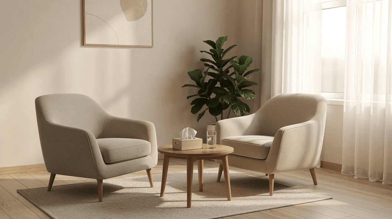 The image depicts a serene therapy office filled with natural light, featuring comfortable chairs arranged to create a welcoming atmosphere for mental health support. This calming environment is designed to promote well-being and encourage open conversations about mental health conditions.