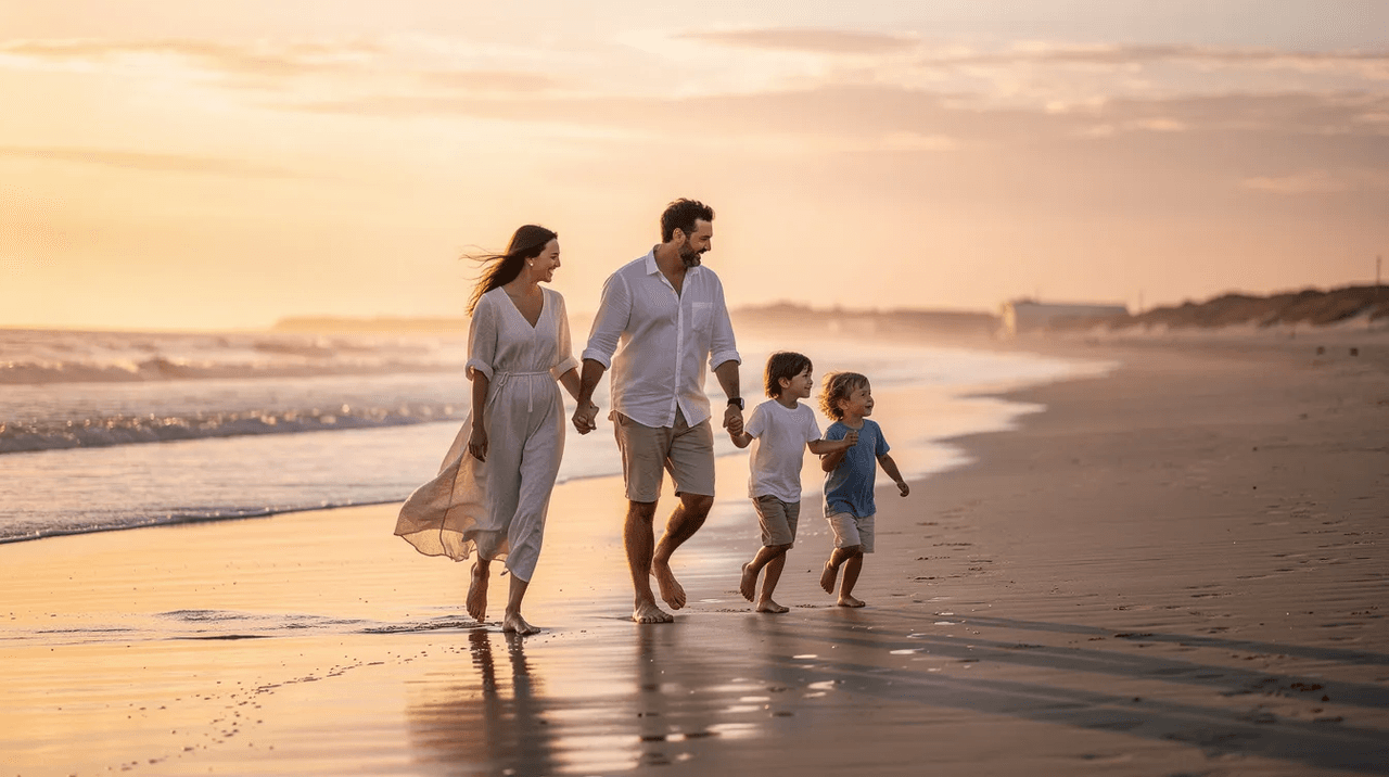 A family of four, including very young children, strolls along a serene beach, enjoying the peaceful setting and the gentle sound of waves. This scene reflects the importance of family support in promoting mental health and coping skills, essential elements often addressed in psychosocial therapy and interventions.