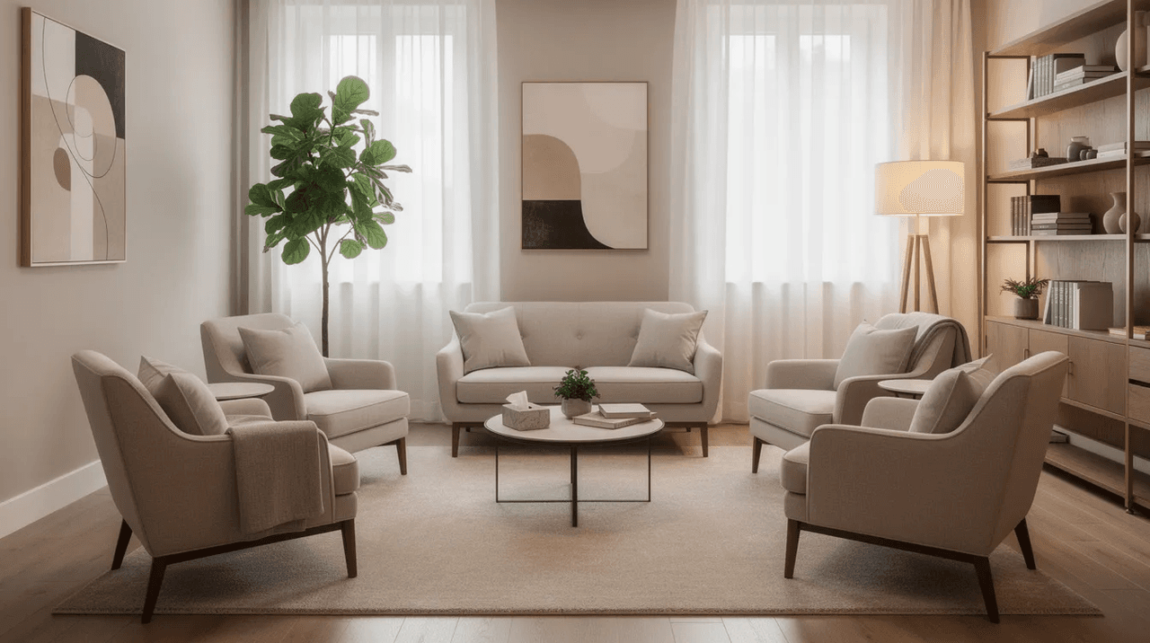 The image depicts a serene, modern therapy office featuring comfortable chairs arranged in a circle, creating an inviting space for family therapy sessions. This layout is designed to foster open communication among family members, helping to strengthen relationships and address family dynamics.