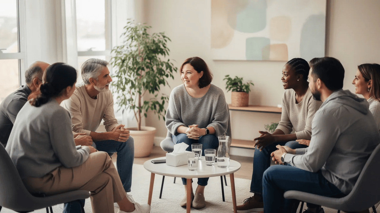 A diverse group of adults is seated in a circle within a therapy room, engaged in a supportive conversation that fosters emotional support and personal growth. The group therapy session, led by a mental health professional, creates a safe environment for members to share their experiences and develop coping strategies for various mental health concerns.
