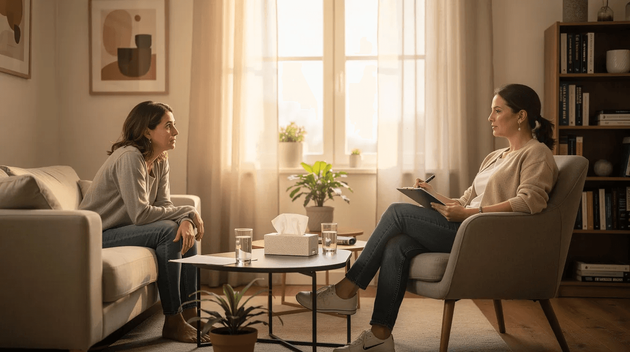 A therapist and a client are seated across from each other in a serene counseling room, engaging in talk therapy to address mental health conditions. The atmosphere is calm, promoting a safe space for discussing coping skills and mental health symptoms.