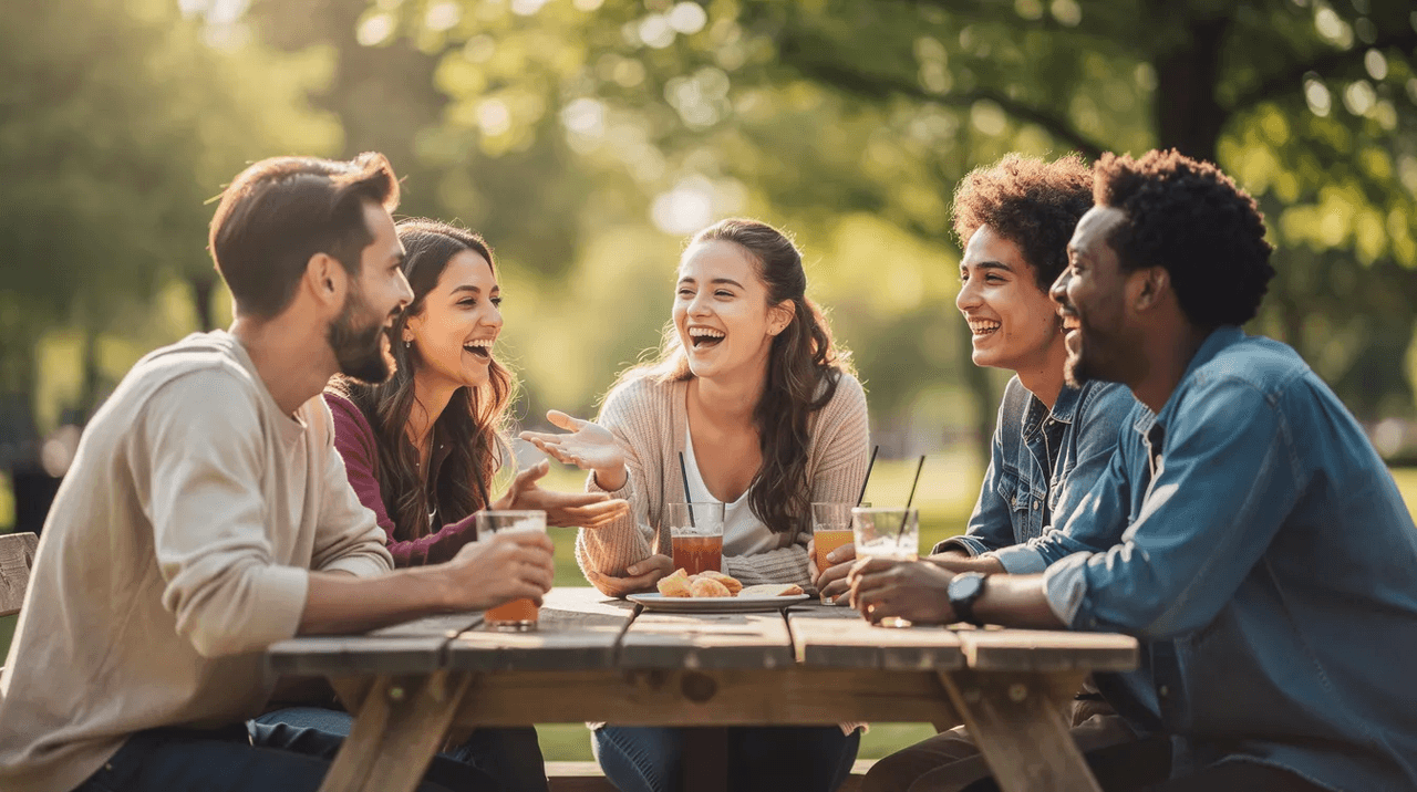A small group of diverse friends is gathered outdoors at a picnic table, sharing laughter and enjoying each other's company, promoting emotional well-being and social interaction. Their joyful time in nature serves as a reminder of the positive impact that healthy relationships and group activities can have on mental health.
