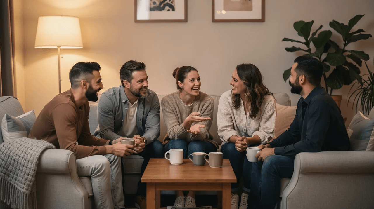 A small group of people is sitting together in a welcoming room, engaging in supportive conversation, which may suggest a group therapy or support session focused on mental health. This environment is conducive for individuals seeking treatment for mental health conditions, offering a space for sharing experiences and coping strategies.