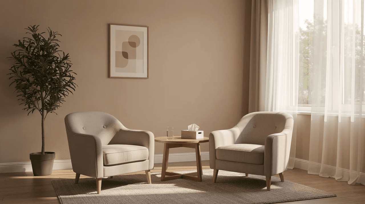 The image depicts a calm therapy office filled with natural light, featuring comfortable chairs arranged to encourage conversation. This serene environment is designed to support mental health professionals in providing a safe space for persons seeking treatment for mental health conditions and emotional distress.