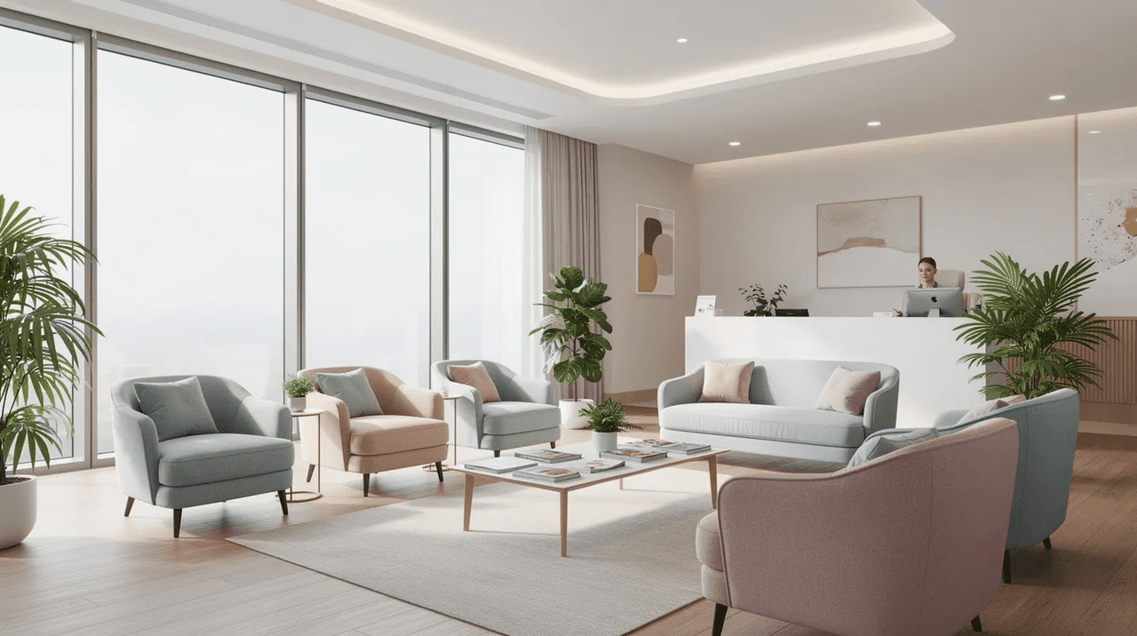 The image depicts a welcoming clinic waiting area filled with natural light, featuring soft chairs that invite comfort and relaxation. This environment is conducive to mental health treatment, providing a supportive space for individuals seeking psychosocial interventions and therapy for mental health conditions.