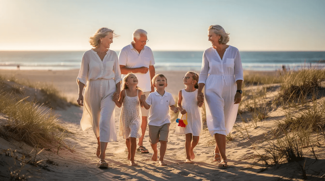 A multigenerational family is walking together along a sunny beach path, enjoying their time outdoors and strengthening their family dynamics. This scene highlights the importance of family relationships and the benefits of family therapy in fostering emotional well-being and healthier connections among family members.