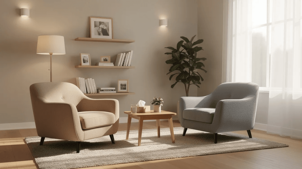 The image depicts a serene therapy office featuring comfortable chairs bathed in natural light, creating a welcoming atmosphere for mental health services. This calming environment is ideal for therapy sessions, emphasizing the importance of mental health care and the support provided by mental health professionals.