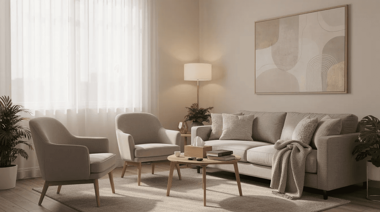 The image depicts a serene consultation room designed for mental health services, featuring comfortable seating and abundant natural light that creates a welcoming atmosphere for clients. This space is ideal for mental health professionals to provide behavioral health treatment and support for individuals facing mental health challenges.