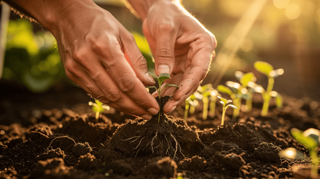 The image depicts hands gently planting seedlings in rich garden soil, illuminated by warm sunlight filtering through, symbolizing the therapeutic benefits of spending time in nature to improve mental health and relieve stress. This nurturing activity promotes emotional well-being and fosters a connection to the earth, contributing to overall wellness.