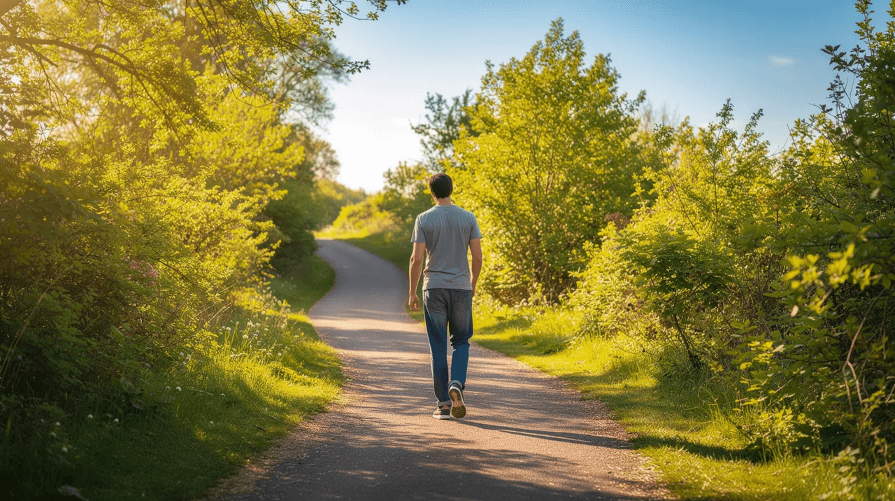 A person walks along a sunny path surrounded by greenery, symbolizing recovery and independence in their journey towards improved mental health. This image reflects the positive impact of psychosocial treatment and coping skills in overcoming mental health disorders.