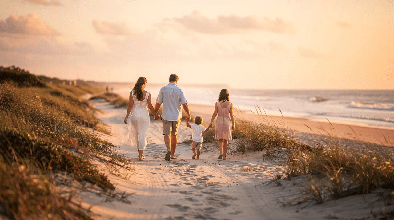 A family of four, including two adults and two children, strolls hand in hand along a serene beach path, surrounded by soft sand and gentle waves. This peaceful scene highlights the importance of family support in managing mental health concerns and encourages families to seek treatment options and resources for loved ones facing emotional distress.
