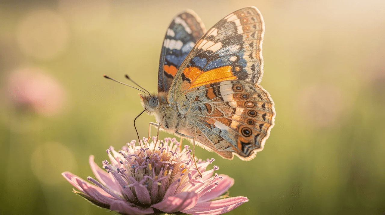 A vibrant butterfly with its wings fully open rests delicately on a wildflower, basking in the sunlight. This image symbolizes personal growth and transformation, serving as a visual reminder of the journey toward sobriety and overcoming addiction.