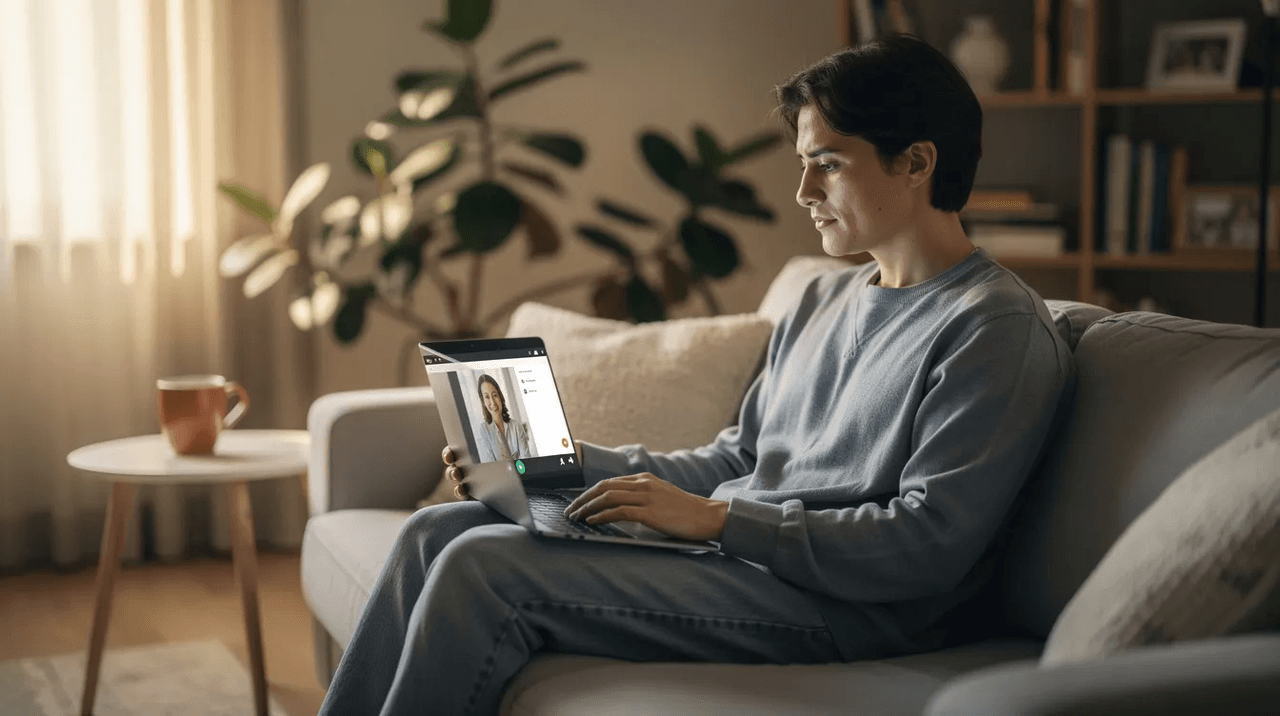 A person is sitting comfortably at home, using a laptop for a private telehealth therapy session, highlighting the accessibility of mental health services. This scene emphasizes the importance of insurance coverage for therapy, showcasing how individuals can seek mental health treatment from the comfort of their own space.