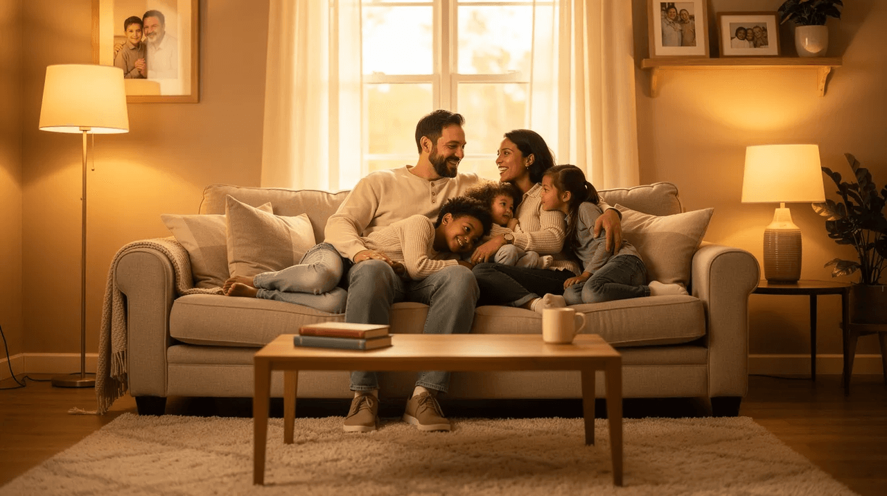 A diverse family unit is gathered on a comfortable couch in a warm, well-lit living room, showcasing their strong bond and connection. This scene highlights the importance of family relationships, emphasizing the potential benefits of family therapy in strengthening their emotional well-being and resolving conflicts.