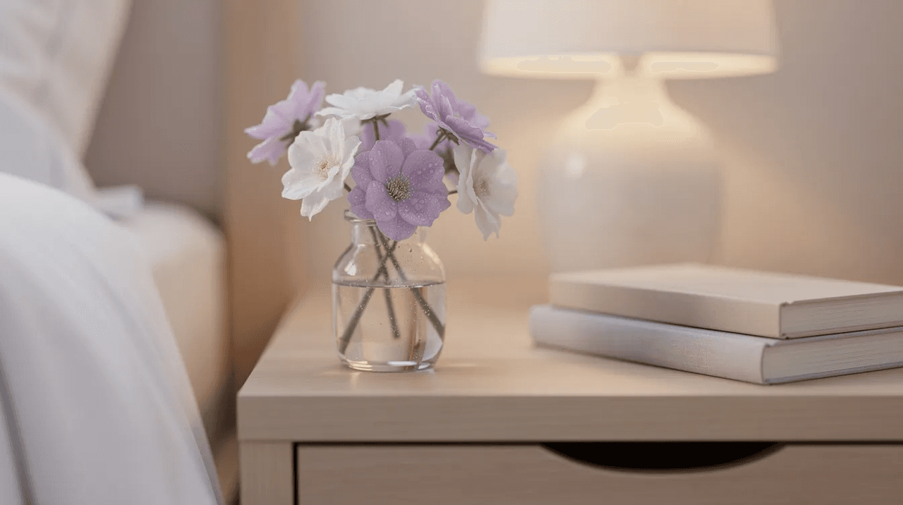 A calming arrangement of soft purple and white flowers sits on a bedside table, promoting relaxation and improving sleep quality. These beautiful blooms can help reduce stress and anxiety levels, contributing positively to a person's mental health and overall well-being.