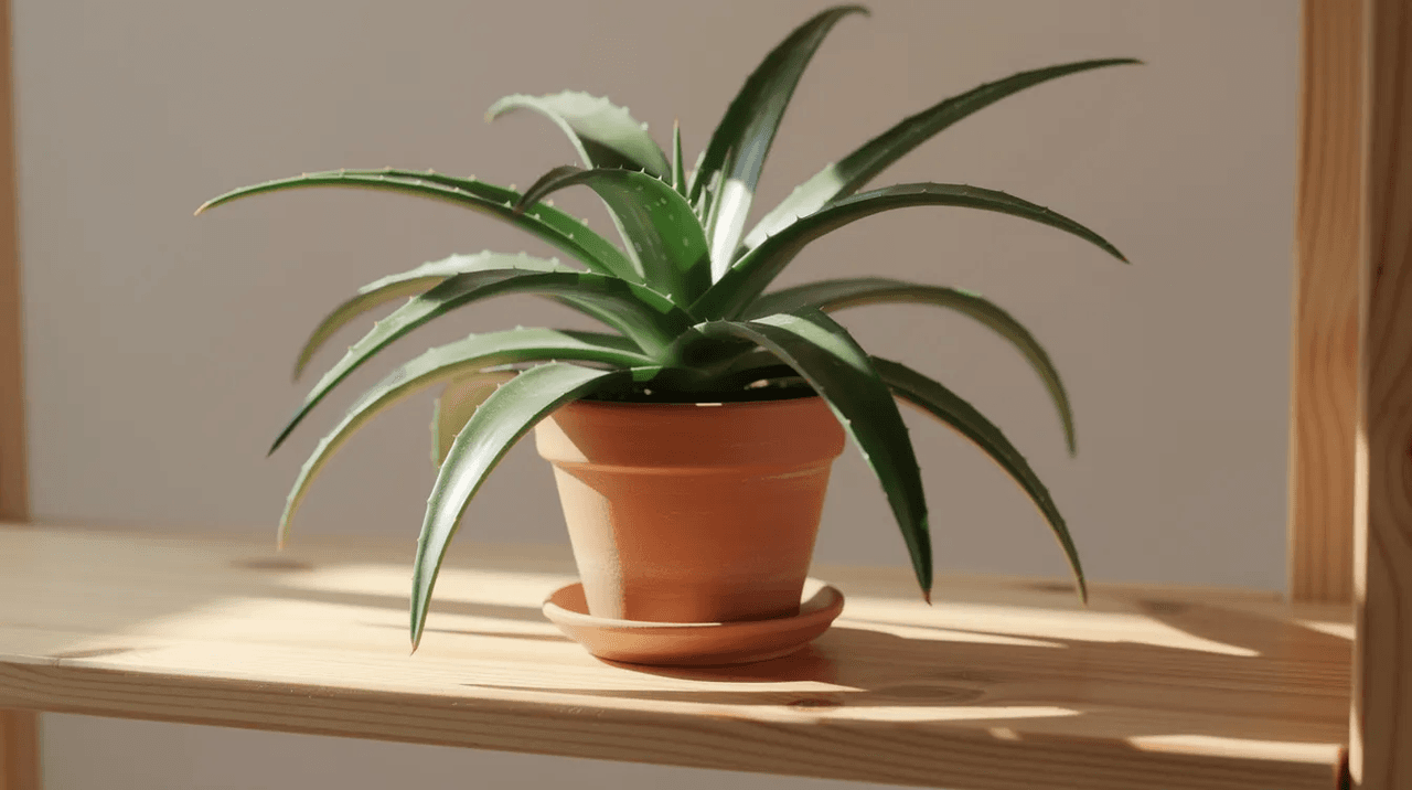 A healthy aloe vera plant sits in a terra cotta pot on a wooden shelf, basking in warm natural light. This elegant statement plant symbolizes growth and well-being, making it a perfect addition to any positive environment.