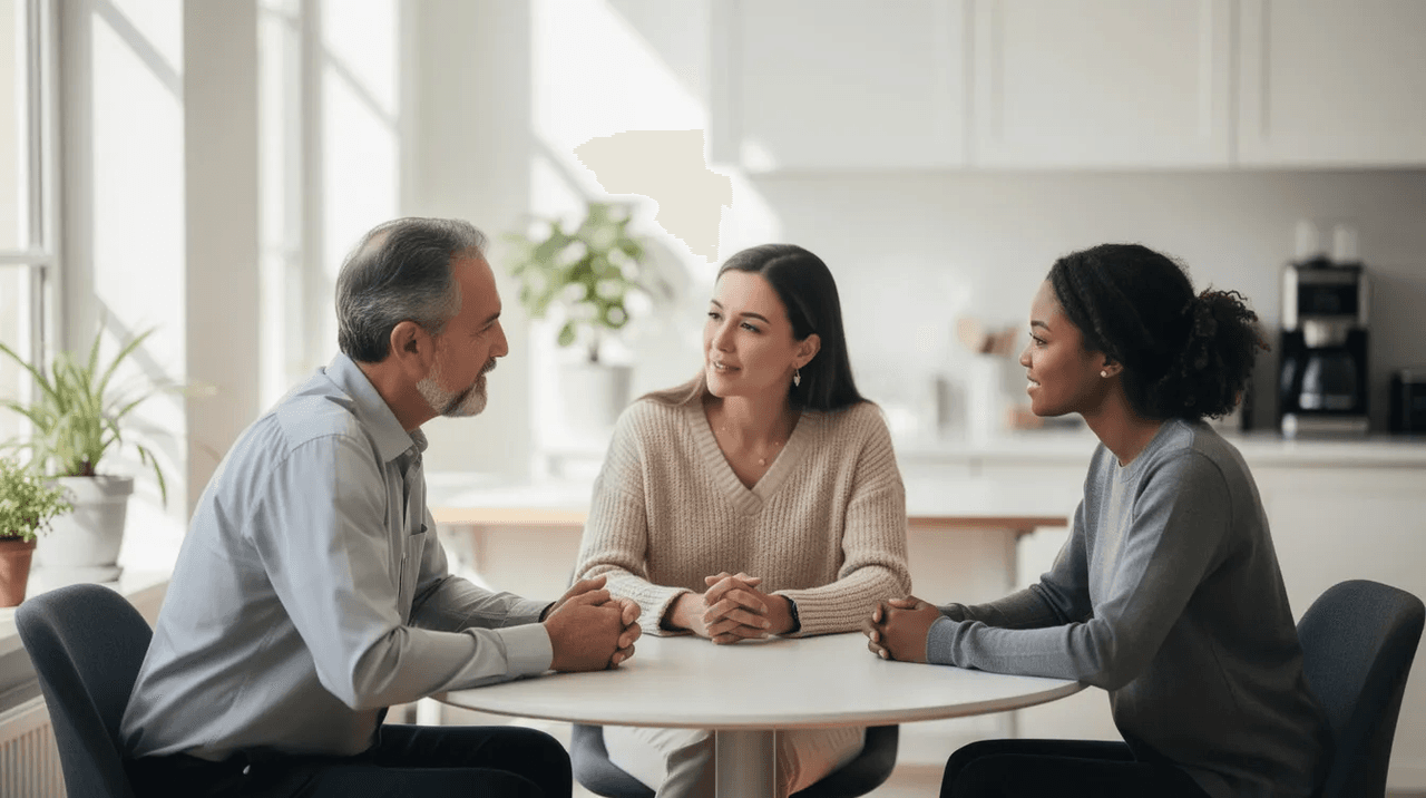 The image depicts a group of diverse coworkers engaged in a quiet, supportive conversation in a bright office break room, reflecting a positive work culture that prioritizes employee mental health and well-being. This supportive environment encourages open discussions about mental health challenges, fostering a sense of community and trust among colleagues.