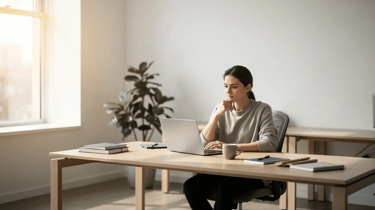 The image depicts a serene modern office workspace filled with natural light, featuring a person sitting thoughtfully at a desk with a laptop and a coffee mug, reflecting a supportive work environment that promotes positive mental health and well-being. This scene highlights the importance of managing workplace stress and the need for mental health resources to support employees effectively.