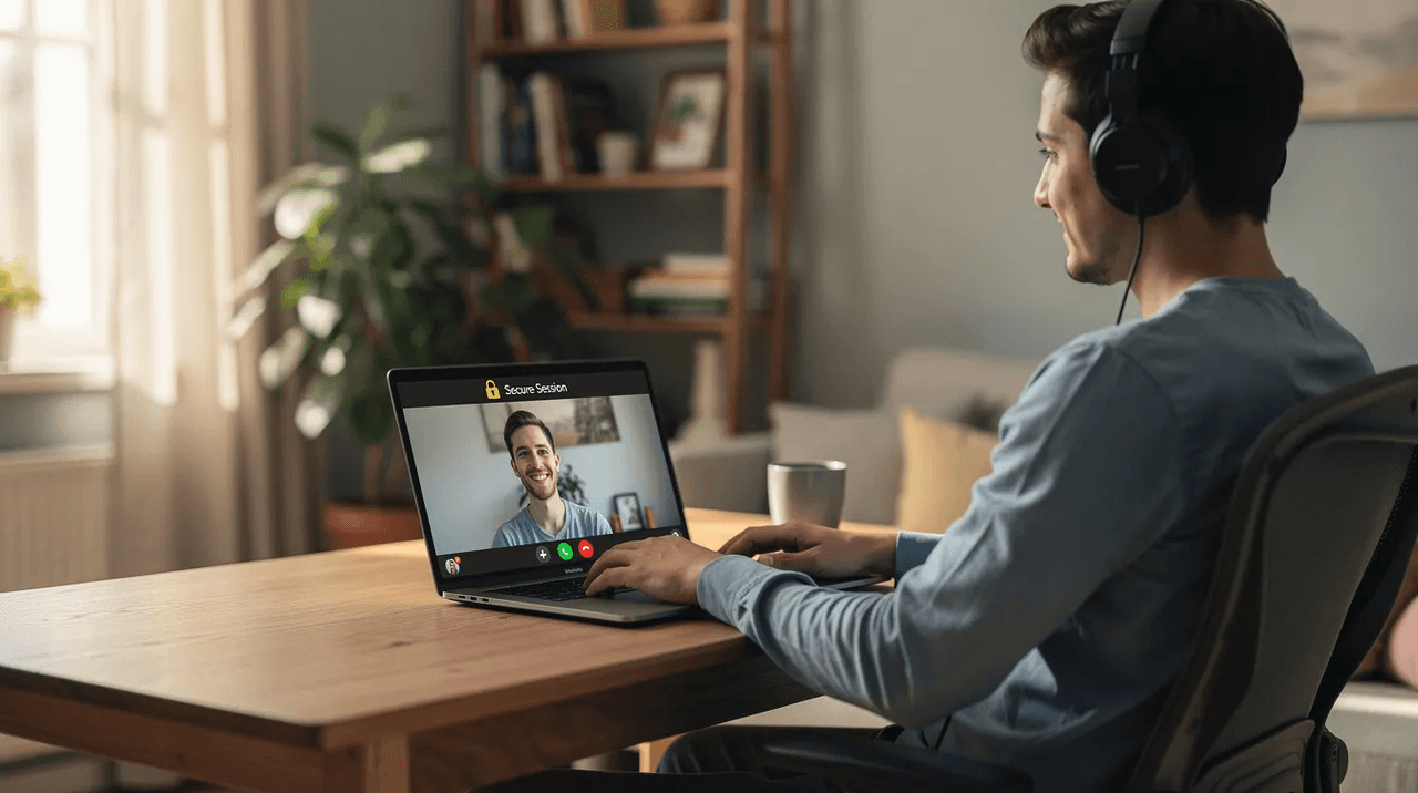 A person is seated at a desk in their home, participating in a secure online therapy session with a mental health professional. The setting conveys a sense of comfort and confidentiality, emphasizing the importance of accessible mental health services for those seeking treatment for various mental health conditions.