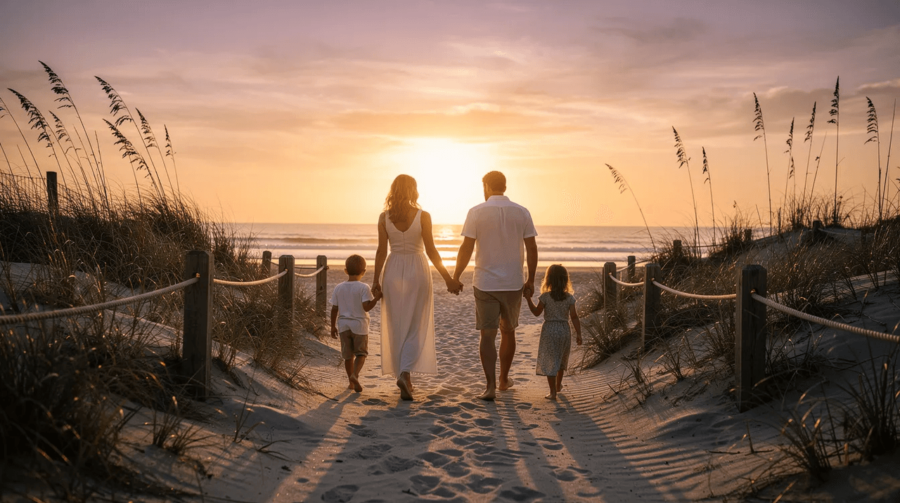 A family strolls along a quiet beach path at sunset, surrounded by the calming ambiance of nature, symbolizing the importance of mental health and emotional well-being. The scene highlights the connection between positive family interactions and improved mental health outcomes, emphasizing the role of supportive environments in promoting mental health care.