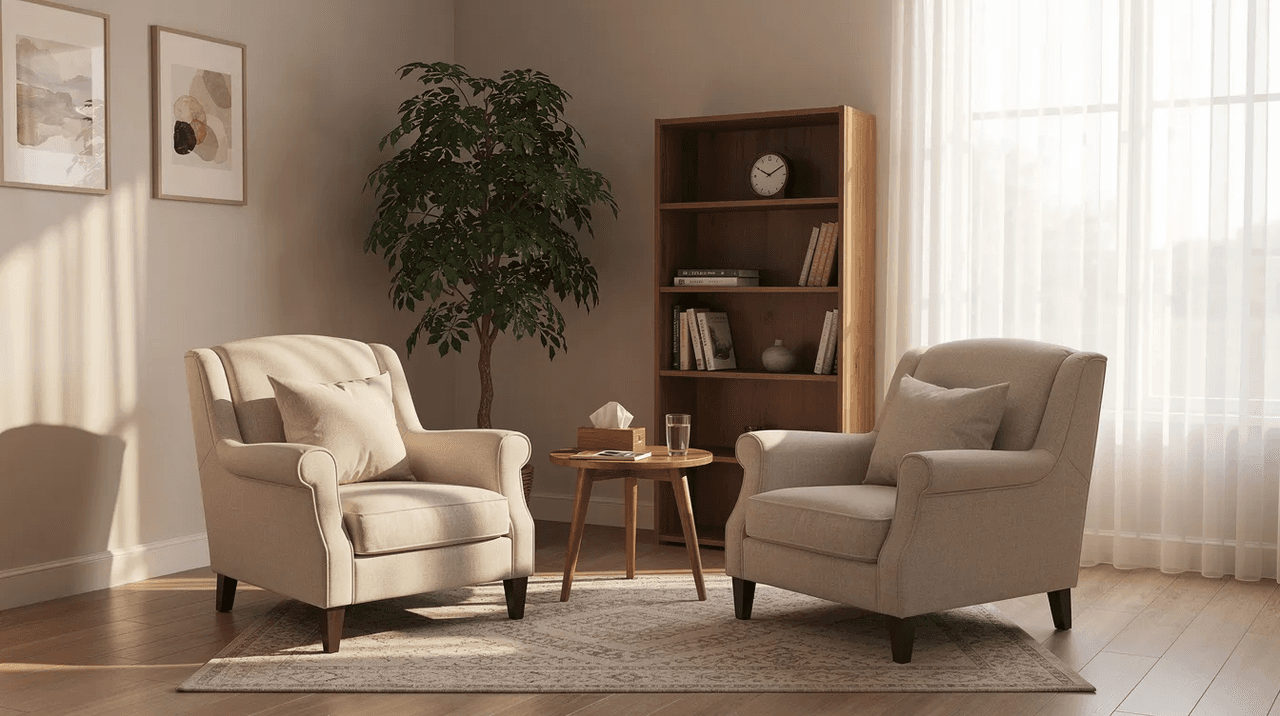 The image depicts a serene therapy office featuring comfortable chairs and abundant natural light, creating an inviting environment for mental health support. This space is designed to promote positive mental health and well-being, essential components of effective mental health care.
