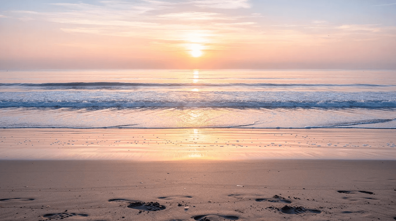 The image depicts a serene ocean shoreline at sunrise, where soft waves gently lap against the sand, illuminated by warm, golden light. This tranquil scene evokes feelings of peace and hope, symbolizing a fresh start and the beauty of nature, inviting viewers to process their emotions and reflect on life's simple joys.