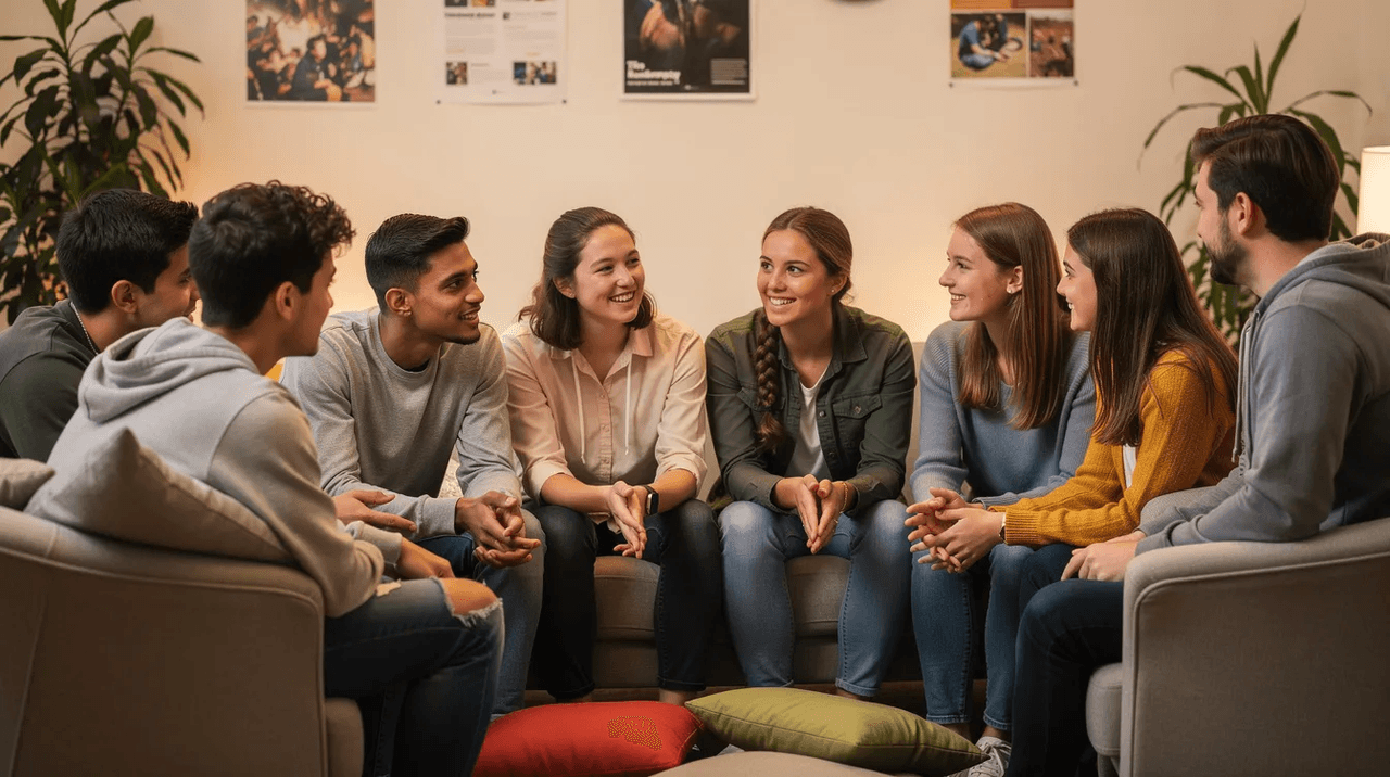 A group of teenagers is sitting together in a supportive environment, actively engaging with each other and appearing comfortable. This scene reflects the dynamics of group therapy, where young individuals share their experiences and support one another in addressing mental health concerns.