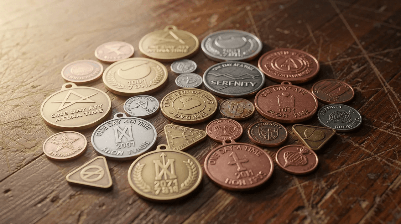 The image features a collection of recovery medallions and small tokens, each symbolizing different aspects of addiction recovery, arranged on a wooden surface illuminated by warm light. These personal tokens serve as powerful reminders of the recovery journey, offering hope and representing the struggles and triumphs of mental health challenges.