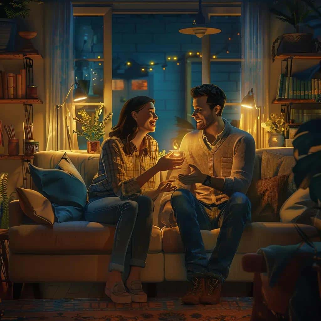 Happy couple in a cozy home, representing the positive impact of marriage on mental health