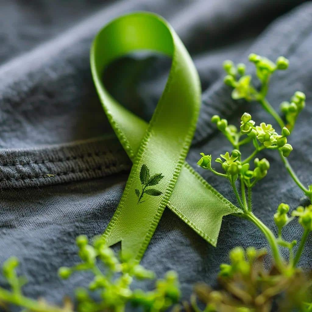 Close-up of a green ribbon symbolizing hope and growth in mental health awareness