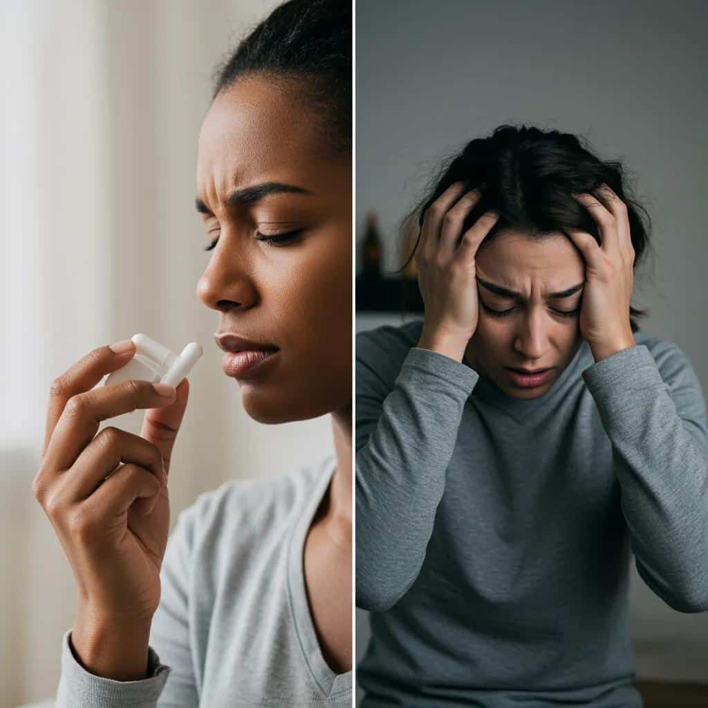 Contrasting images of a calm person taking medication and an anxious person, highlighting Zoloft dependence vs addiction. Is Zoloft Addictive