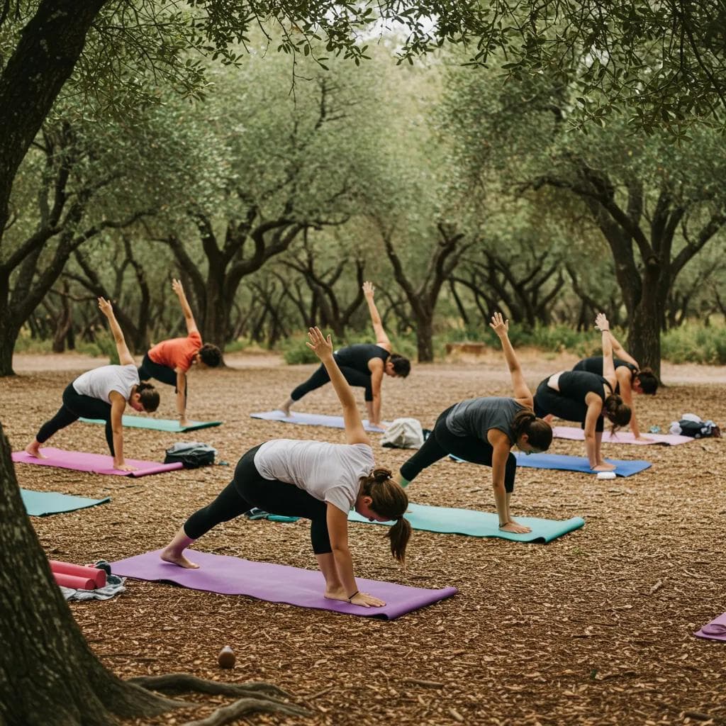 Participants practicing yoga outdoors, emphasizing mind-body connection