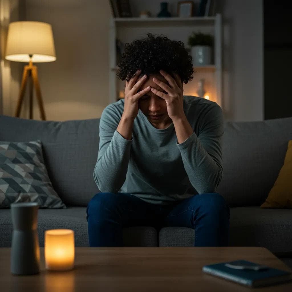 Person experiencing distress during Zoloft withdrawal in a cozy living room, illustrating withdrawal symptoms