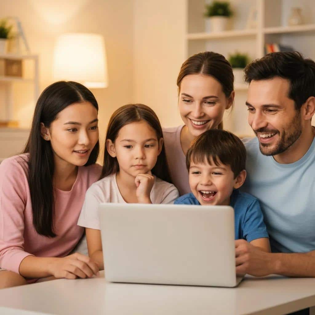 Family engaging in a virtual mental health event, practicing communication and coping strategies together