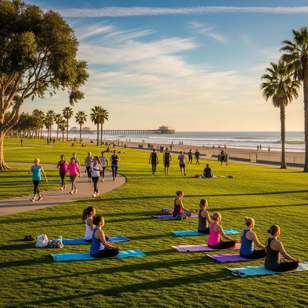 Park near Huntington Beach with people engaging in outdoor activities, supporting mental wellness through coastal features