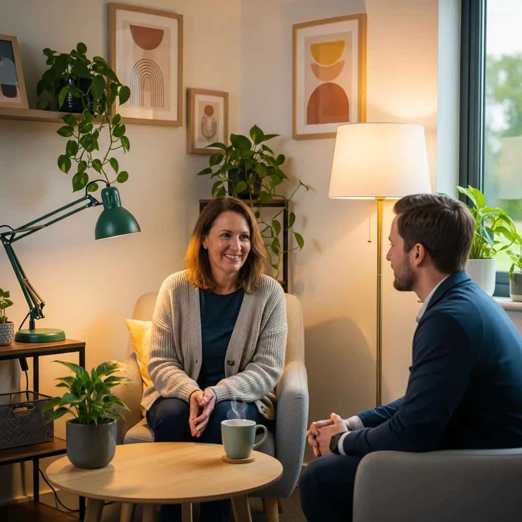 A counselor providing support to a client in a warm office, representing employment support services for individuals with bipolar disorder