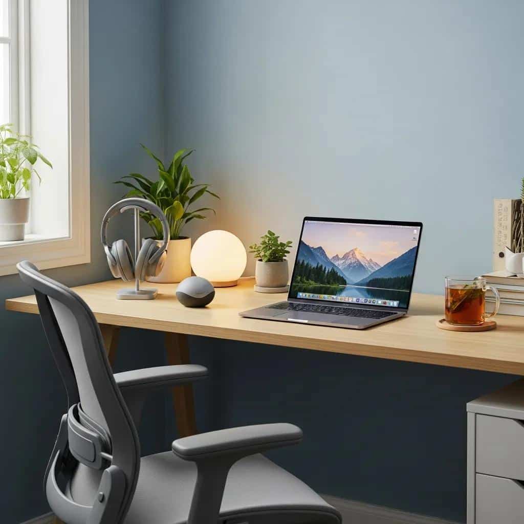 A peaceful workspace designed for employees with bipolar disorder, showcasing accommodations like quiet areas and stress-relief tools