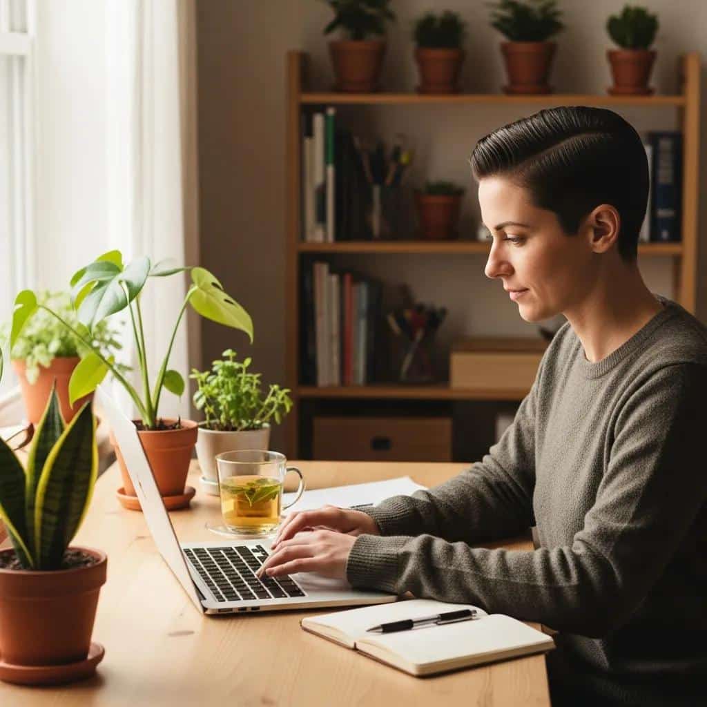 A person working in a bright, serene workspace, symbolizing job opportunities for individuals with bipolar disorder