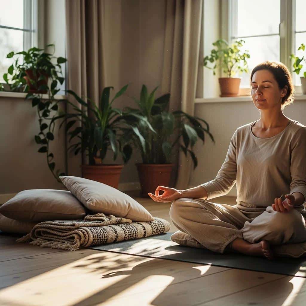 Individual practicing mindfulness meditation at home, emphasizing its role in anxiety recovery