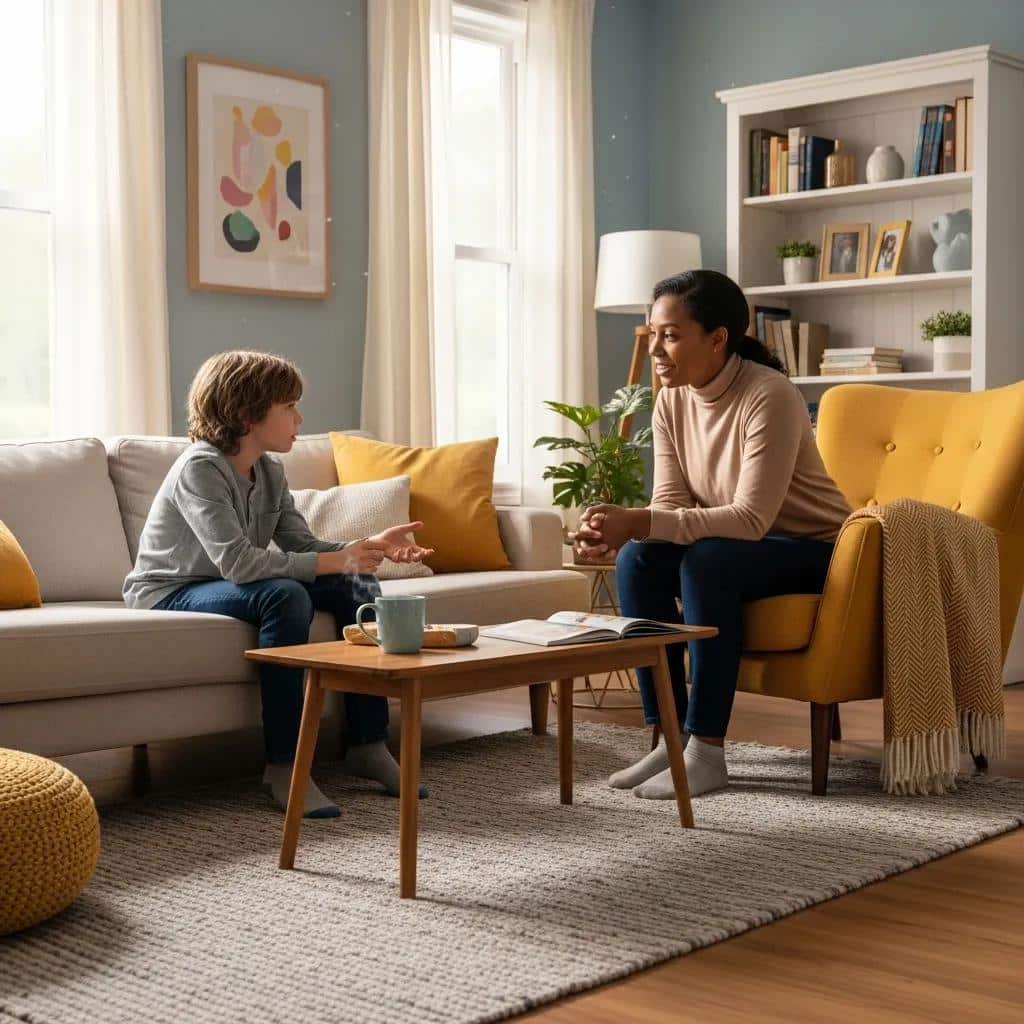 Child and caregiver in a supportive conversation about emotional challenges