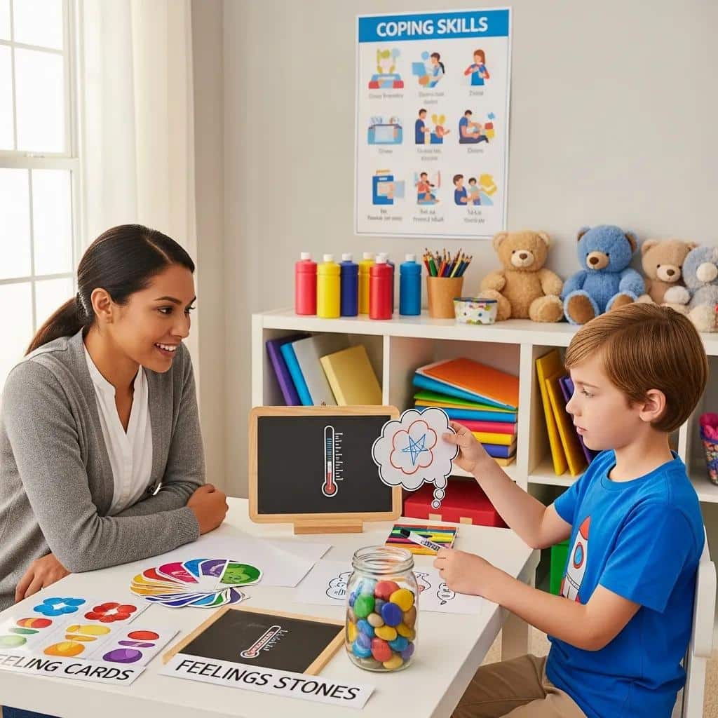 Child participating in cognitive behavioral therapy session with a therapist
