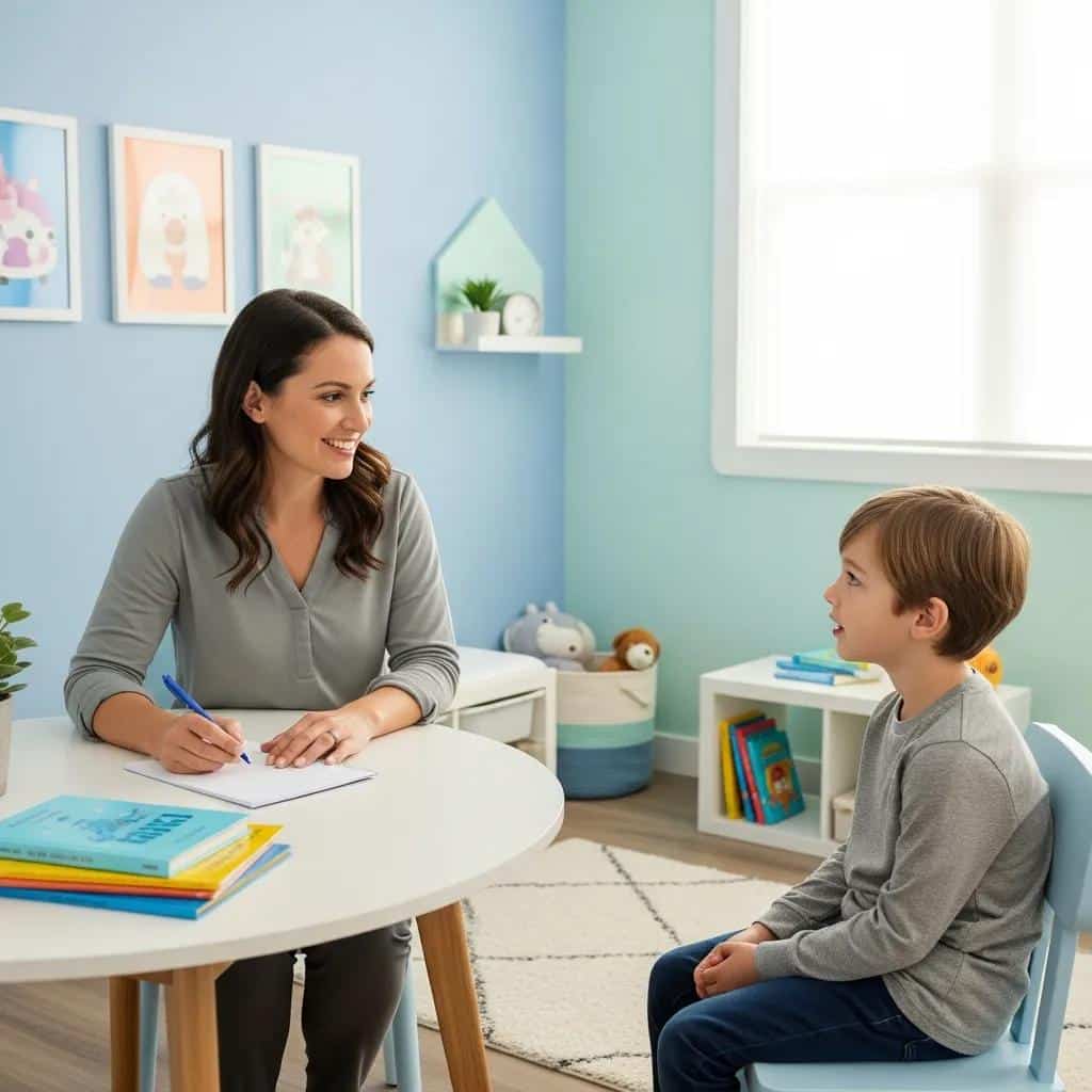 Mental health professional assessing a child in a supportive office environment