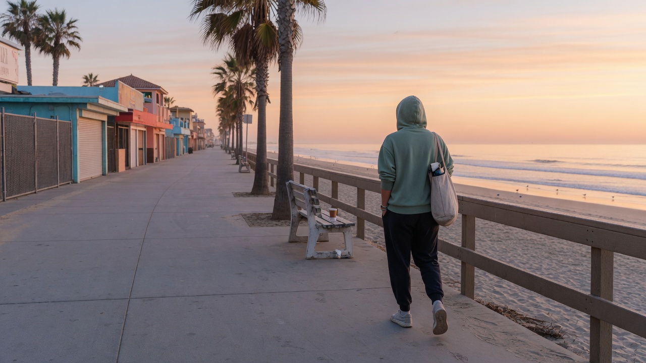 Solo walk on a Huntington Beach path after individual therapy