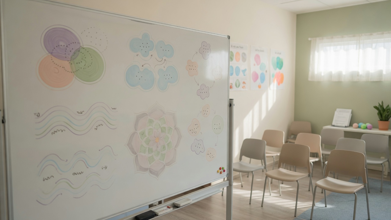 Educational workshop room prepared for mental health psychoeducation