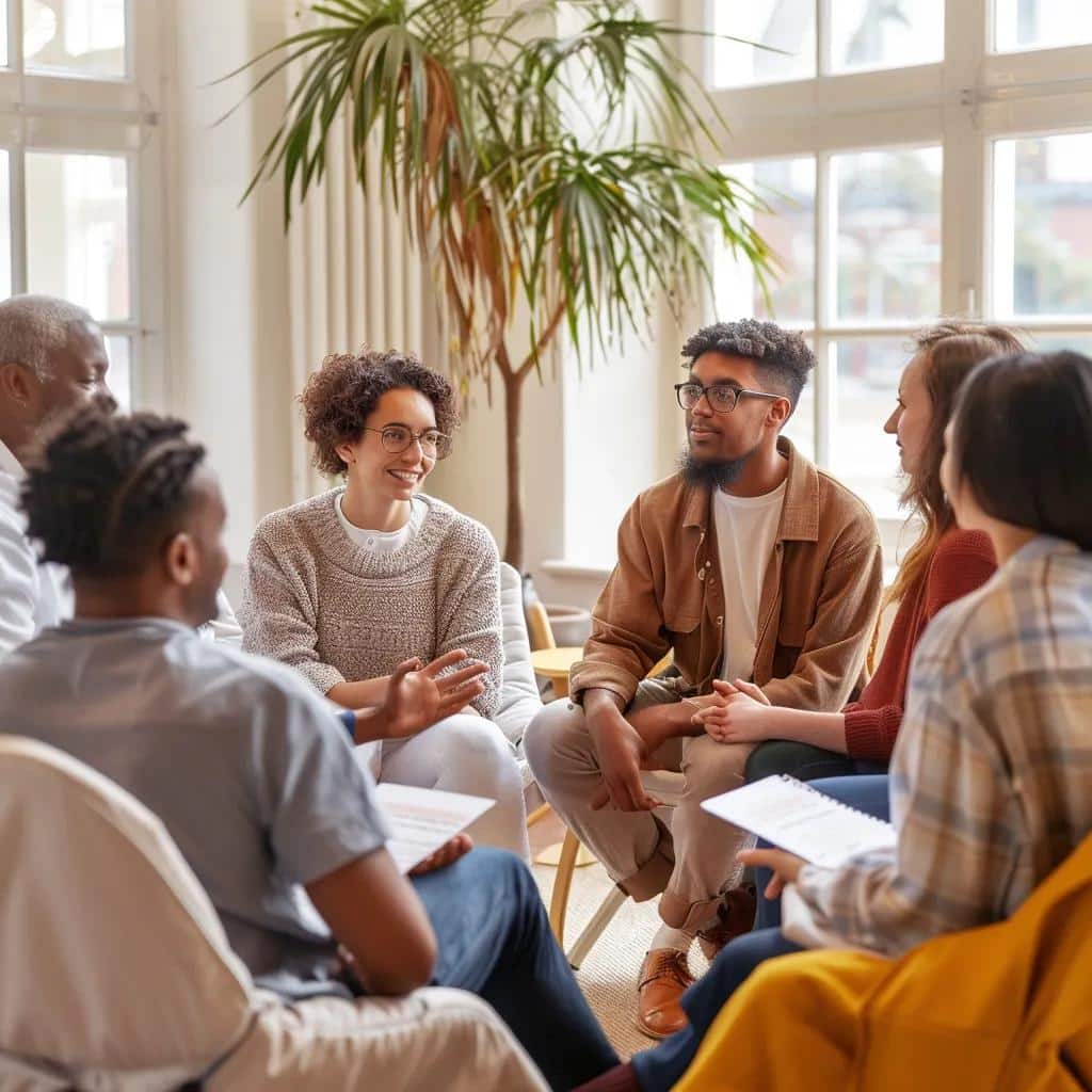 Diverse group therapy session with a therapist facilitating discussion, highlighting Cigna's therapy options